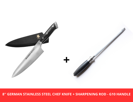 8'' GERMAN STAINLESS STEEL CHEF KNIFE + SHARPENING ROD - G10 HANDLE