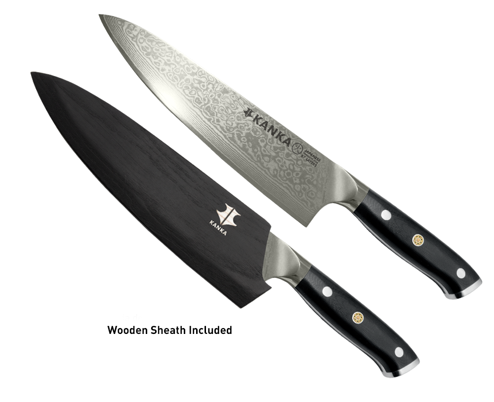Kuma Professional Damascus Steel Knife - 8 inch Chef Knife with Hardened Japanese Carbon Steel - Stain & Corrosion Resistant Blade - Balanced